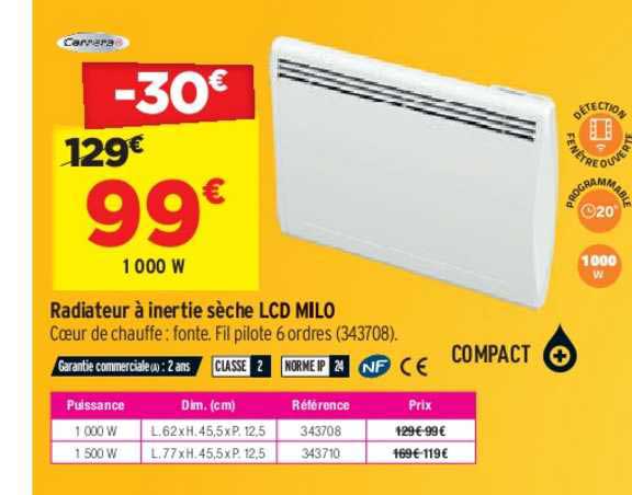 radiateur à inertie sèche lcd milo carrera