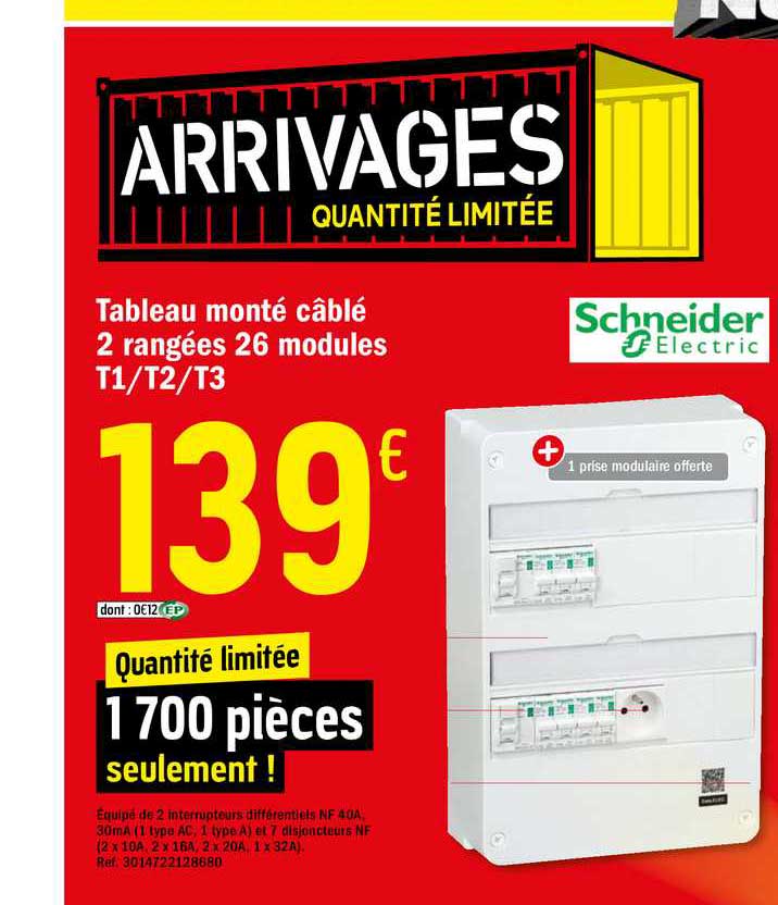 tableau monté câblé 2 rangées 26 modules t1 t2 t3 schneider electric