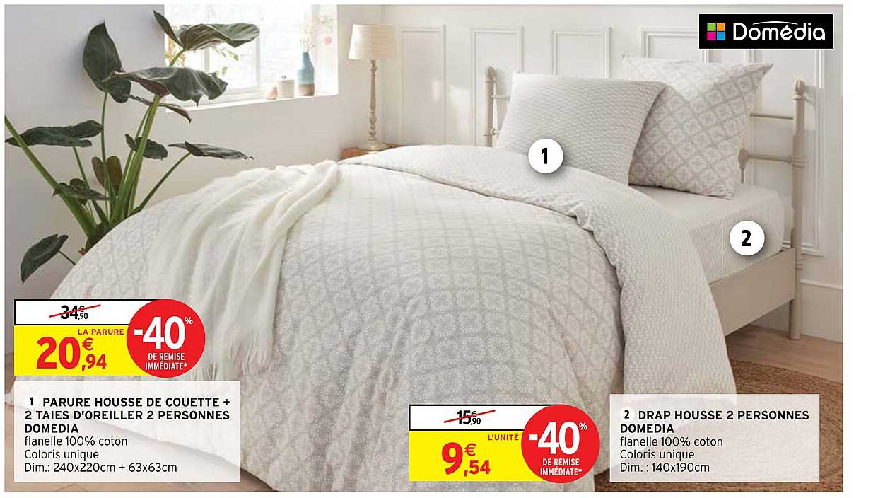 1 parure housse de couette + 2 taies d'oreiller 2 personnes domedia, drap housse 2 personnes domedia