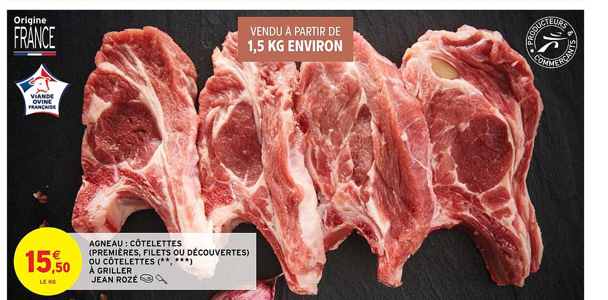 agneau : côtelettes (premières, filets ou découvertes) ou côtelettes (**,***) à griller jean rozé