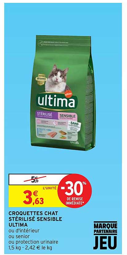 croquettes chat stérilisé sensible ultima