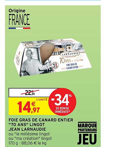 foie gras de canard entier "70 ans" lingot jean larnaudie