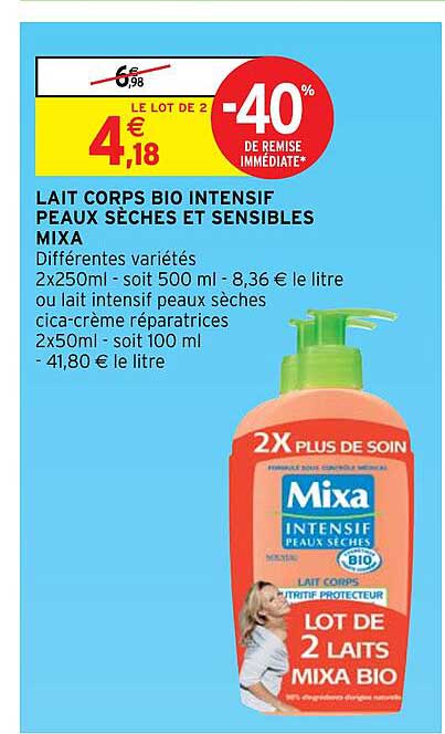 lait corps bio intensif peaux sèches et sensibles mixa