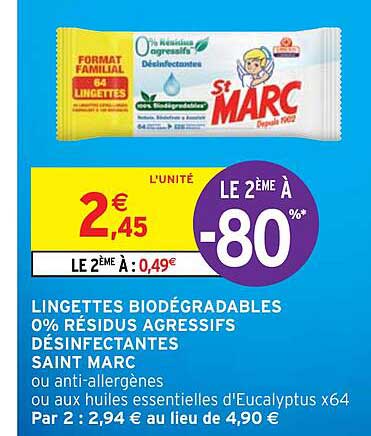lingettes biodégradables 0% résidus agressifs désinfectantes saint marc