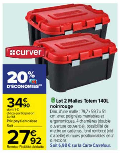 lot 2 malles totem 140l noir-rouge curver