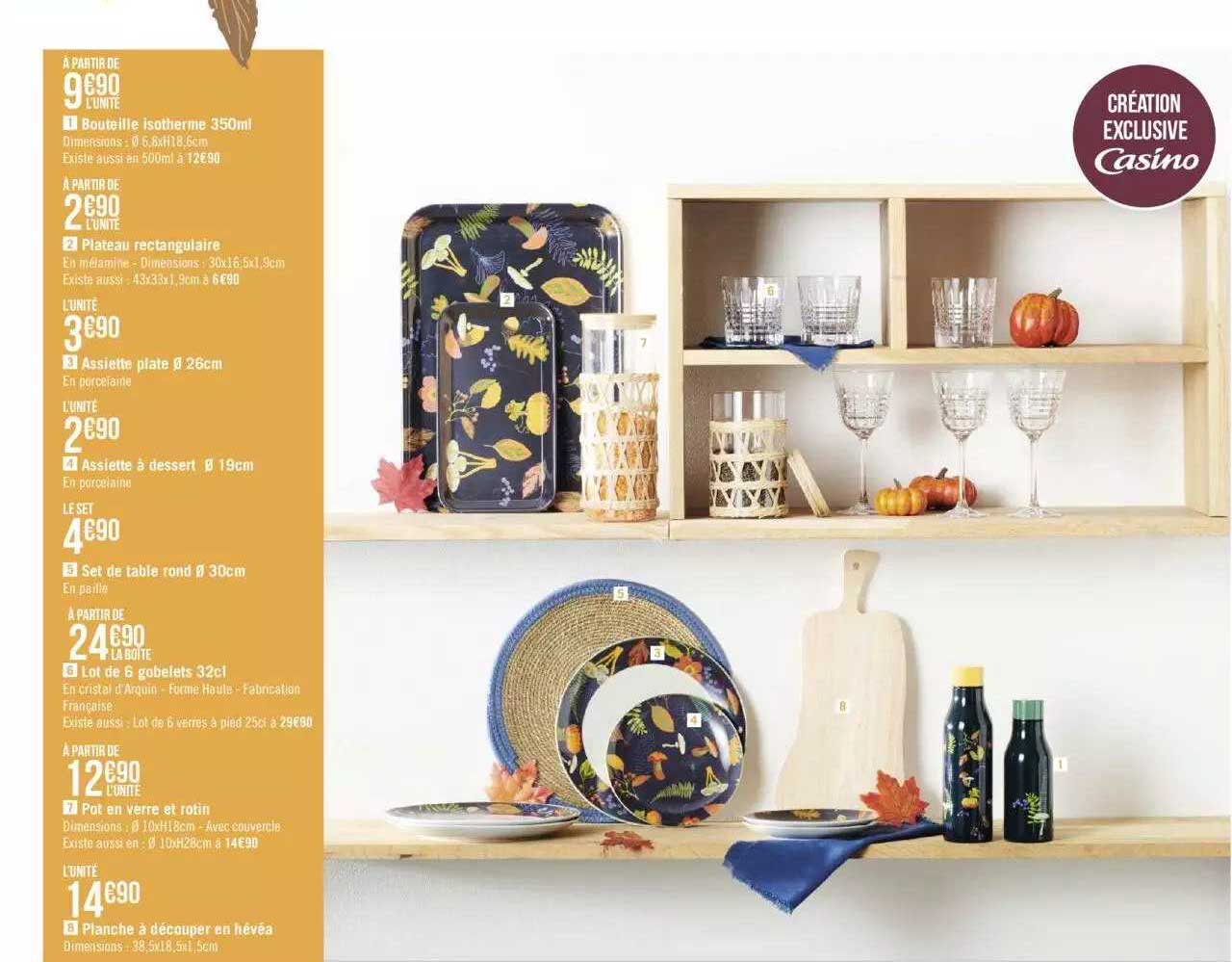 bouteille isotherme 350ml, plateau rectangulaire, assiette plate ø 26 cm, assiette à dessert ø 19 cm, set de table rond ø 30 cm, lot de 6 gobelets 32cl, pot en verre et rotin, planche à découper