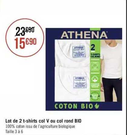 lot de 2 t-shirts col v ou col rond bio athean