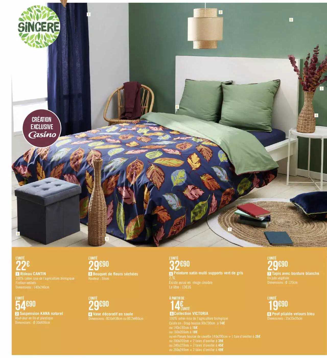 rideau cantin, suspension kana naturel, bouquet de fleurs séchées, vase décoratif en saule, peinture satin multi supports vert de gris, collection victoria, tapis avec bordure blanche, pouf pliable