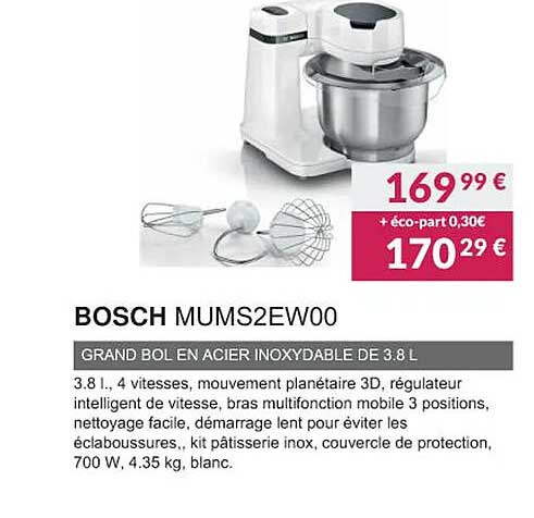 bosch mums2ew00 grand bol en acier inoxydable de 3.8 l