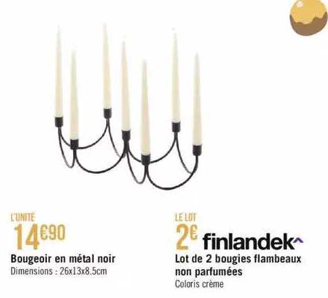 bougeoir en métal noir, lot de 2 bougies flambeaux non parfumées finlandek
