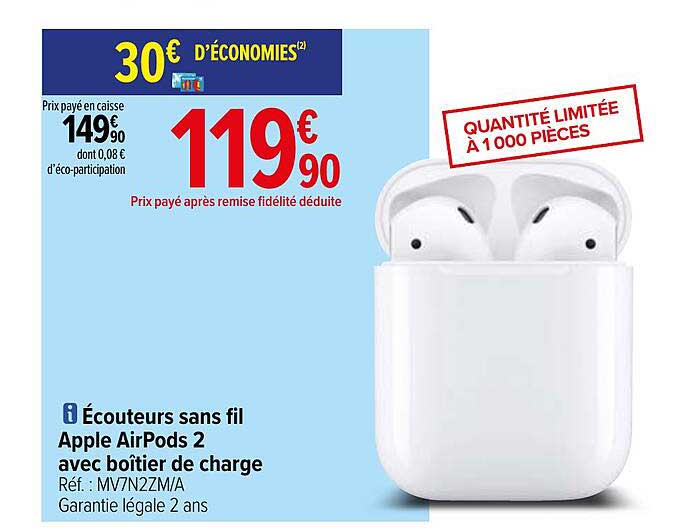 écouteurs sans fil apple airPods 2 avec boîtier de charge
