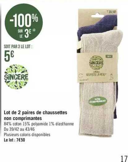 lot de 2 paires de chaussettes non comprimantes sincère