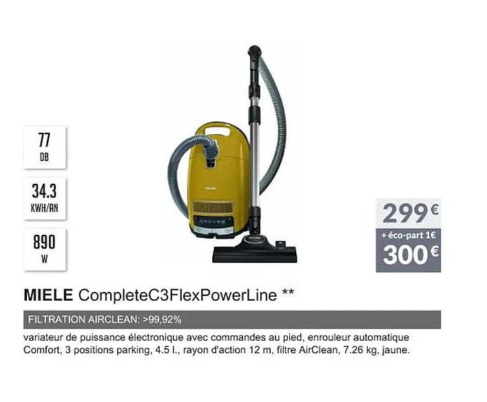 miele complete c3 flex power line filtration airclean : >99,92%