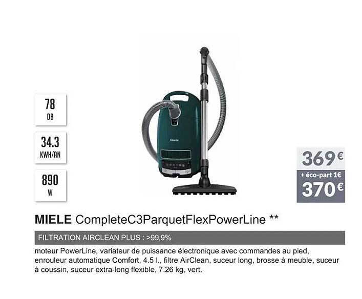 miele complete c3 parquet flex power line filtration airclean plus : >99,9%