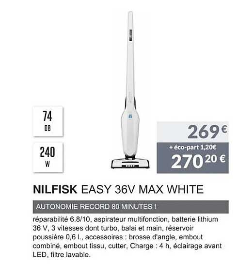 nilfisk easy 36v max white autonome record 80 minutes !