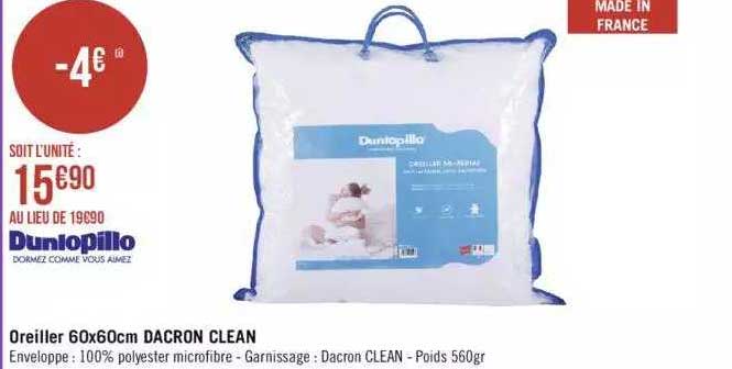 oreiller 60x60 cm dacron clean dunlopillo