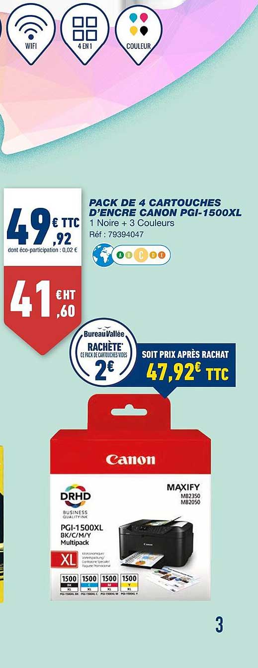 pack de 4 cartouches d'encre canon pgi-1500xl