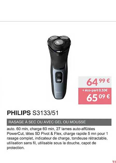 philips s3133-51 rasage à sec ou avec gel ou mousse