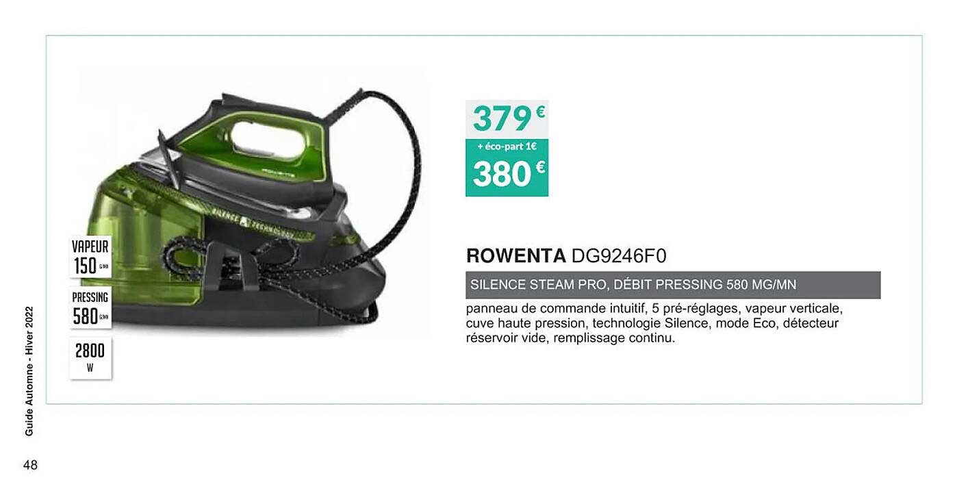rowenta dg9246f0 silence steam pro, débit pressing 580 mg-mn