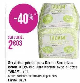 serviettes périodiques dermo- sensitives coton 100% bio ultra normal avec ailettes tadam