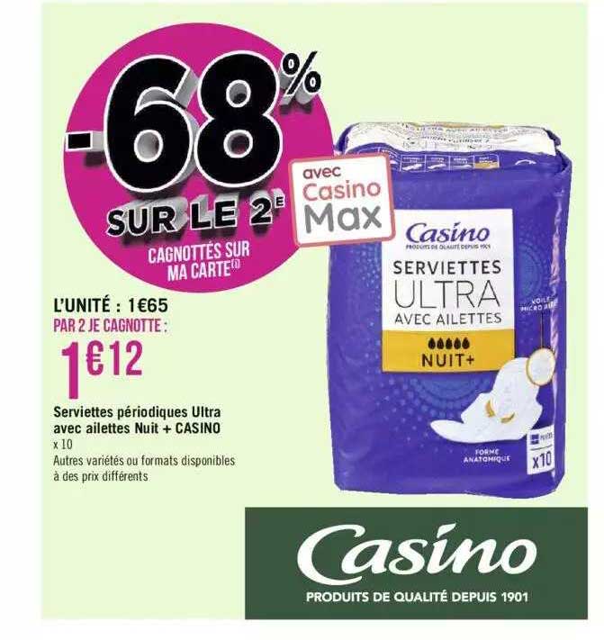 serviettes périodiques ultra avec ailettes nuit + casino