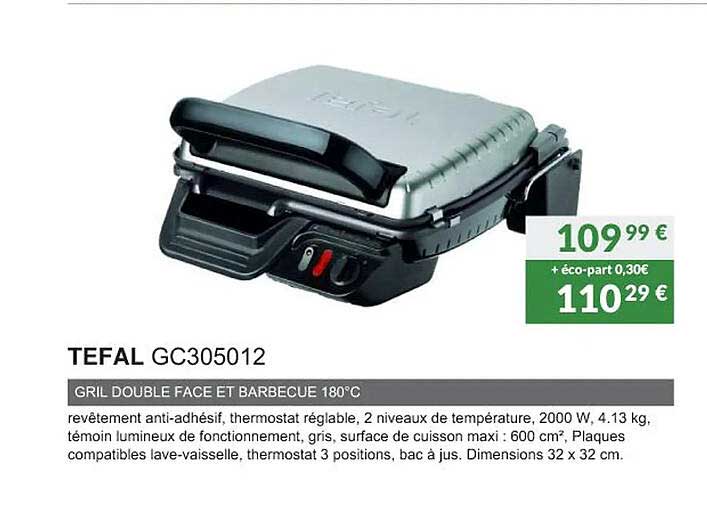 tefal gc305012 gril double face et barbecue 180°c