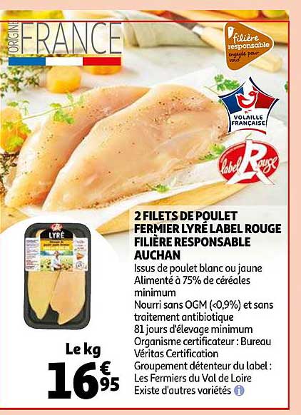 2 filets de poulet fermier lyré label rouge filière responsable auchan