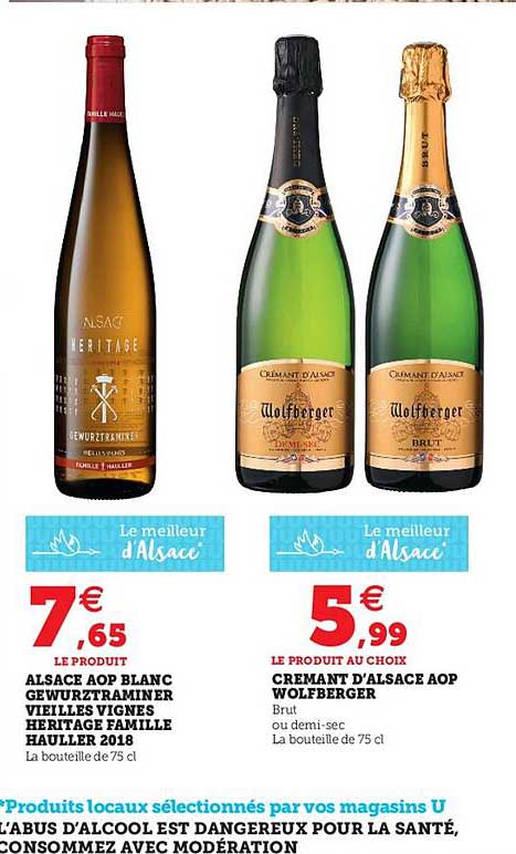 alsace aop blanc gewurztraminer vieilles vignes héritage famille hauller 2018, crémant d'alsace aop wolfberger