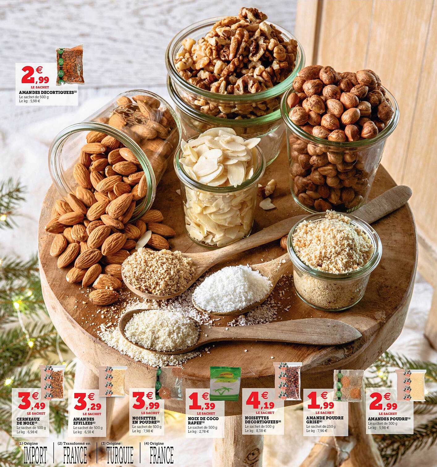 amande décortiqué, cerneaux de noix, amandes effilées, noisettes en poudre, noix de coco râpée, noisettes décortiquées, amande poudre grise, amande poudre