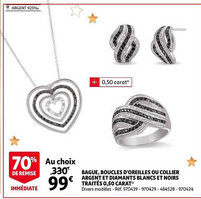 bague, boucles d'oreilles ou collier argent et diamants blancs et noirs traités 0,50 carat