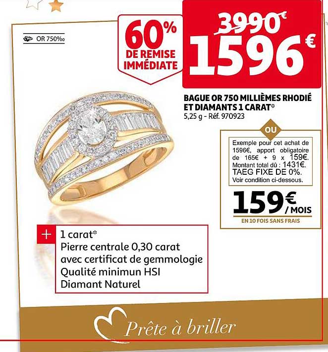 bague or 750 millièmes rhodié et diamants 1 carat