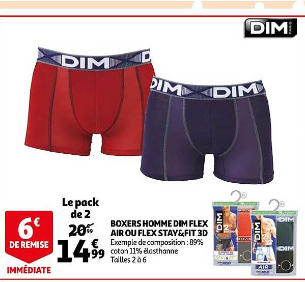 boxers homme dim flex air ou flex stay & fit 3d