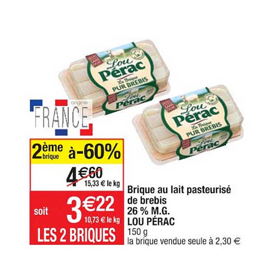 brique au lait pasteurisé de brebis 26% m.g. lou pérac