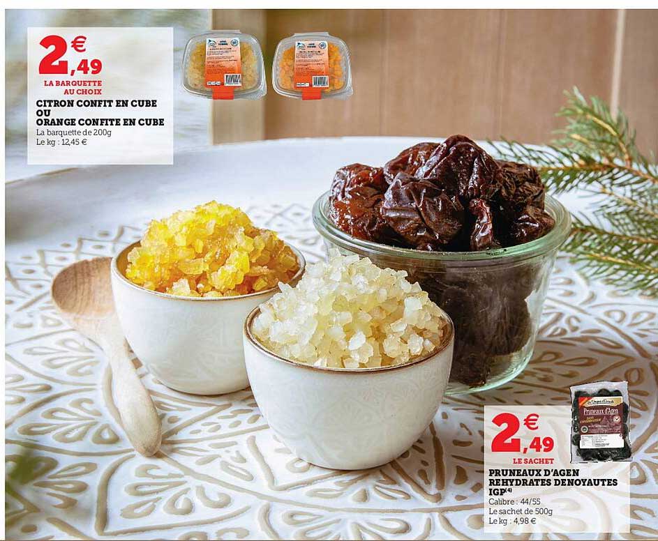 citron confit en cube ou orange confite en cube, pruneaux d'agen réhydrates dénoyautés igp