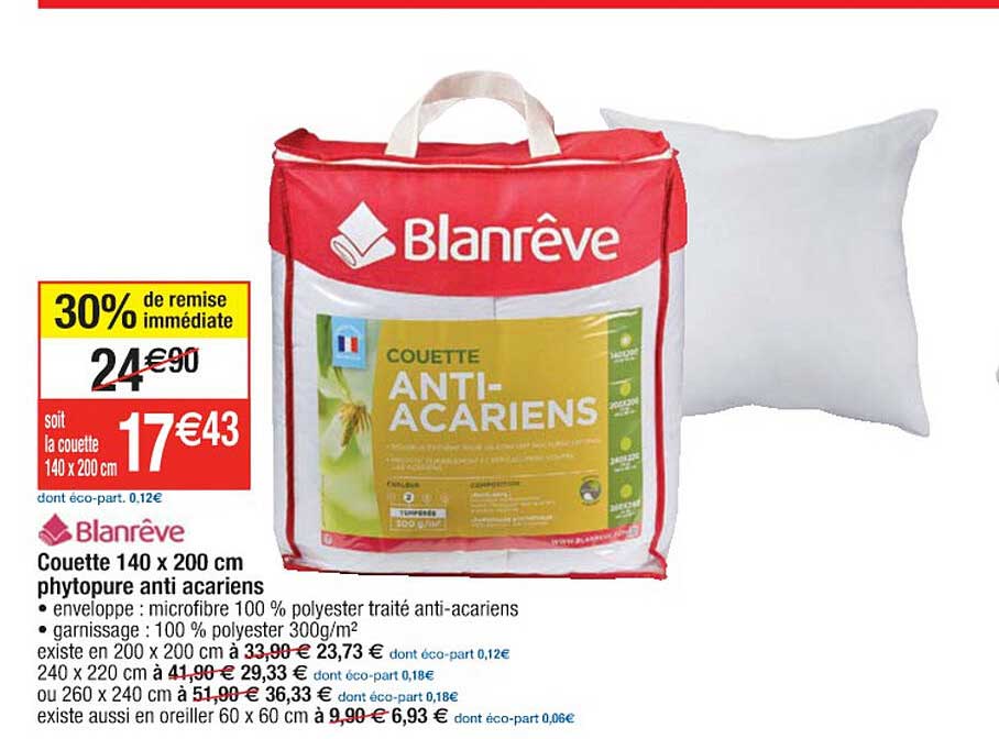 couette 140 x 200 cm phytopure anti acariens blanrêve