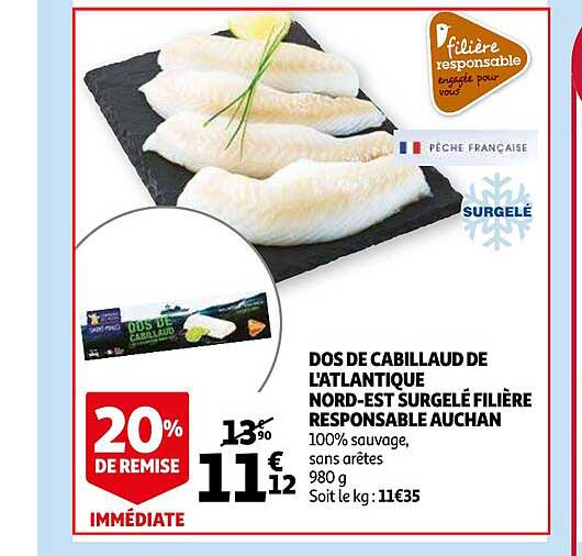 dos de cabillaud de l'atlantique nord-est surgelé filière responsable auchan