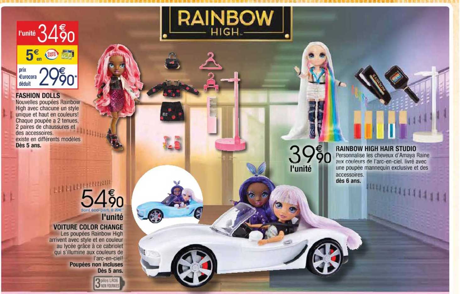 fashion dolls, voiture color change, rainbow high hair studio