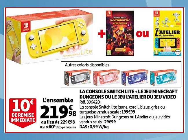 la console switch lite + le jeu minecraft dungeons ou le jeu l'atelier du jeu video