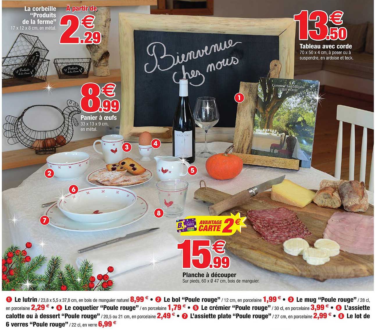 le lutrin, le bol "poule rouge", le mug "poule rouge", le coquetier "poule rouge", le crémier "poule rouge", l'assiette calotte ou à dessert "poule rouge", l'assiette plate "poule rouge",