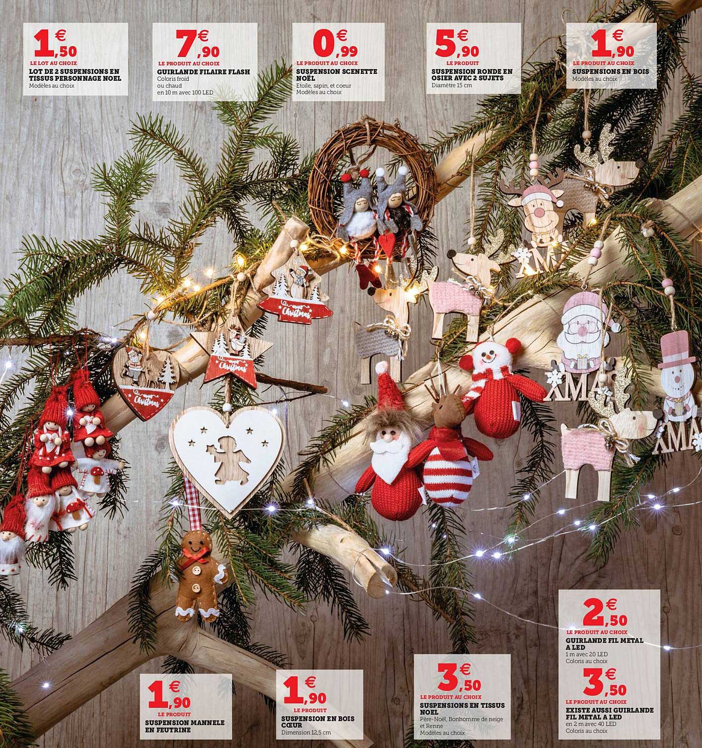 lot de 2 suspensions en tissus personnage noël, guirlande filaire flash, suspension scénette noël, suspension ronde en osier avec 2 sujets, suspensions en bois, suspension mannele en feutrine