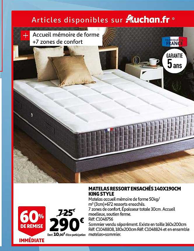 matelas ressort ensachés 140 x 190 cm king style