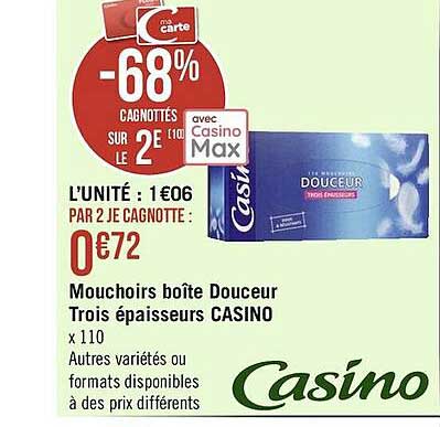 mouchoirs boîte douceur trois épaisseurs casino