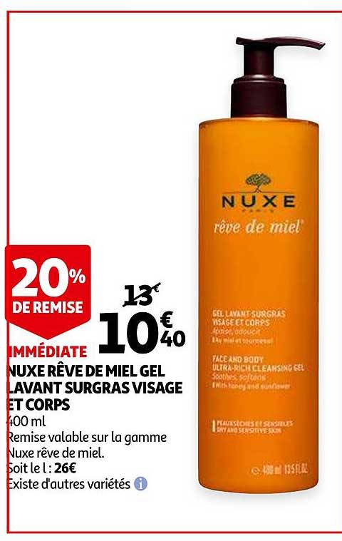 nuxe rêve de miel gel lavant surgras visage et corps