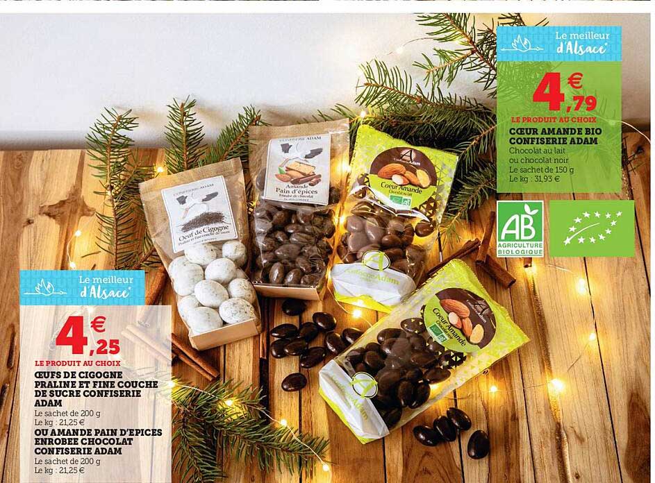 oeufs de cigogne praliné et fine couche de sucre confiserie adam, ou amande pain d'épices enrobée chocolat confiserie adam, cœur amande bio confiserie adam