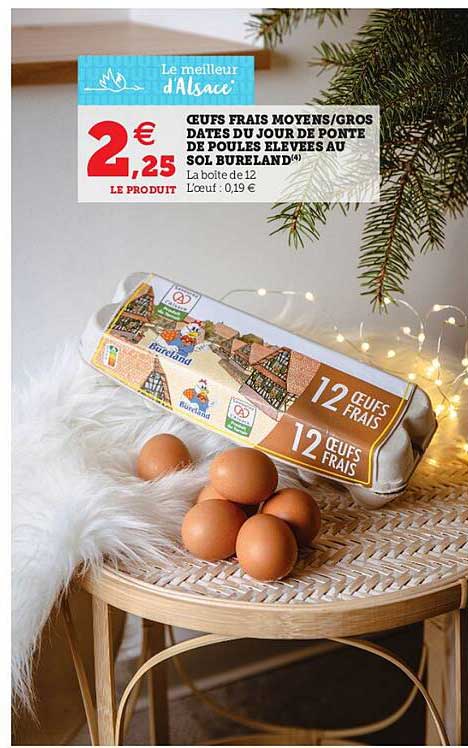 oeufs frais moyens-gros datés du jour de ponte de poules élevées au sol bureland