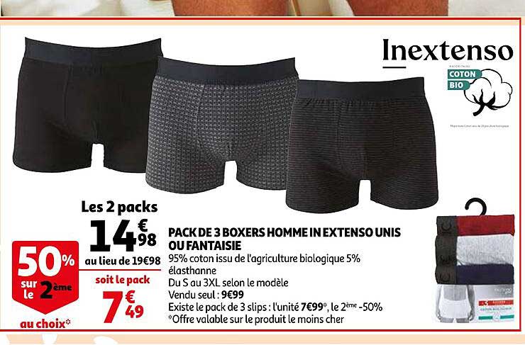 pack de 3 boxers homme in extenso unis ou fantaisie