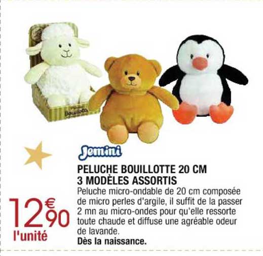 peluche bouillotte 20 cm 3 modèles assortis jemini