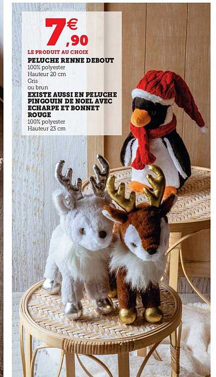 peluche renne debout, peluche pingouin de noël avec écharpe et bonnet rouge