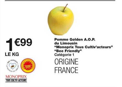 pomme golden a.o.p. du limousin "monoprix tous cultiv'acteurs" " bee friendly"