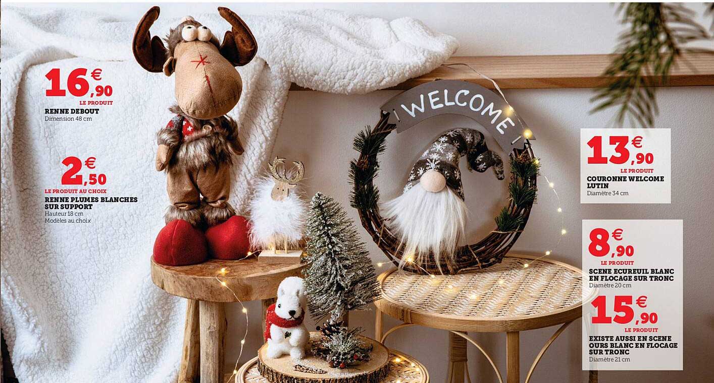 renne debout, renne plumes blanches sur support, couronne welcome lutin, scène écureuil blanc en flocage sur tronc, scène ours blanc en flocage sur tronc